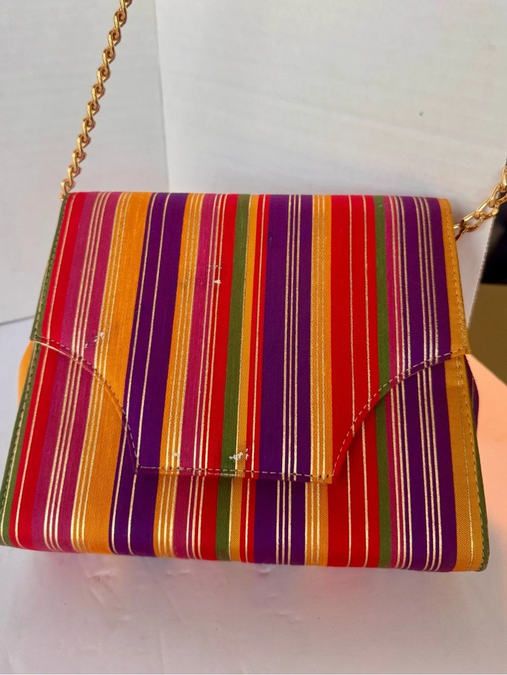 Vintage Timothy Hitsman Striped Evening Bag Convertible Clutch Gold Chain